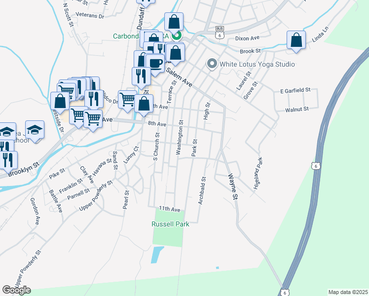 map of restaurants, bars, coffee shops, grocery stores, and more near 60 9th Avenue in Carbondale