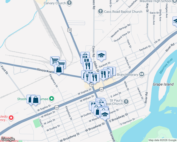 map of restaurants, bars, coffee shops, grocery stores, and more near 924 Conant Street in Maumee
