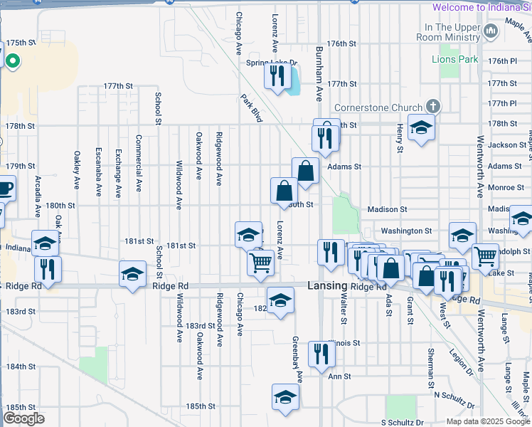 map of restaurants, bars, coffee shops, grocery stores, and more near 18013 Park Avenue in Lansing