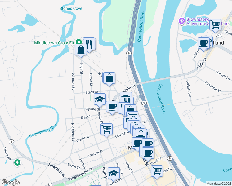 map of restaurants, bars, coffee shops, grocery stores, and more near 55 North Main Street in Middletown