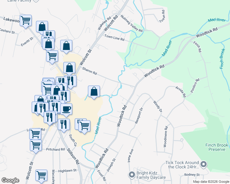 map of restaurants, bars, coffee shops, grocery stores, and more near 37 Sharon Road in Waterbury