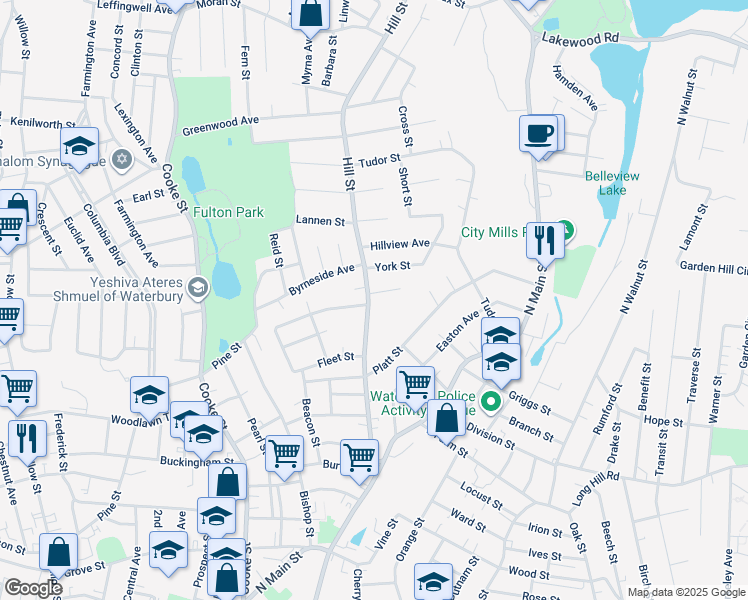 map of restaurants, bars, coffee shops, grocery stores, and more near in Waterbury