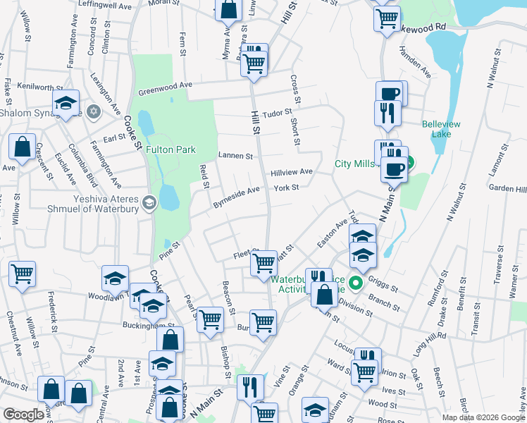 map of restaurants, bars, coffee shops, grocery stores, and more near in Waterbury