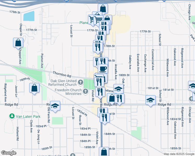 map of restaurants, bars, coffee shops, grocery stores, and more near 2302 Thornton Lansing Road in Lansing