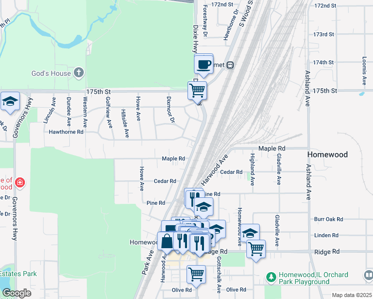 map of restaurants, bars, coffee shops, grocery stores, and more near 17700 Dixie Highway in Homewood