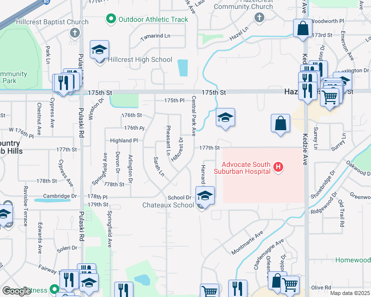map of restaurants, bars, coffee shops, grocery stores, and more near 17701 Hillcrest Drive in Country Club Hills
