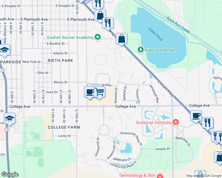 map of restaurants, bars, coffee shops, grocery stores, and more near 1512 Kentfield Way in Goshen