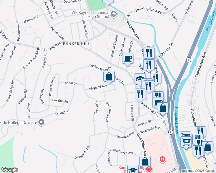 map of restaurants, bars, coffee shops, grocery stores, and more near 47 Wayland Avenue in Waterbury