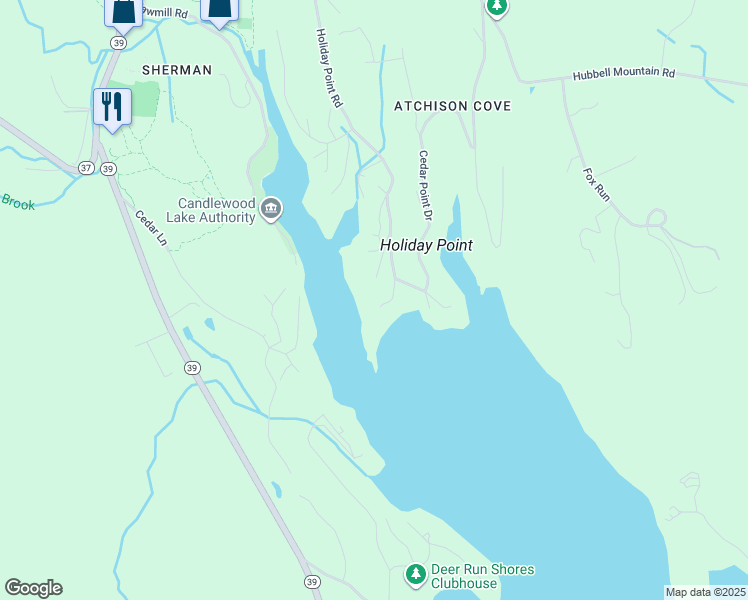 map of restaurants, bars, coffee shops, grocery stores, and more near 38 Holiday Point Road in Sherman