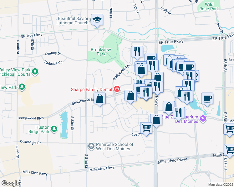 map of restaurants, bars, coffee shops, grocery stores, and more near in WDM