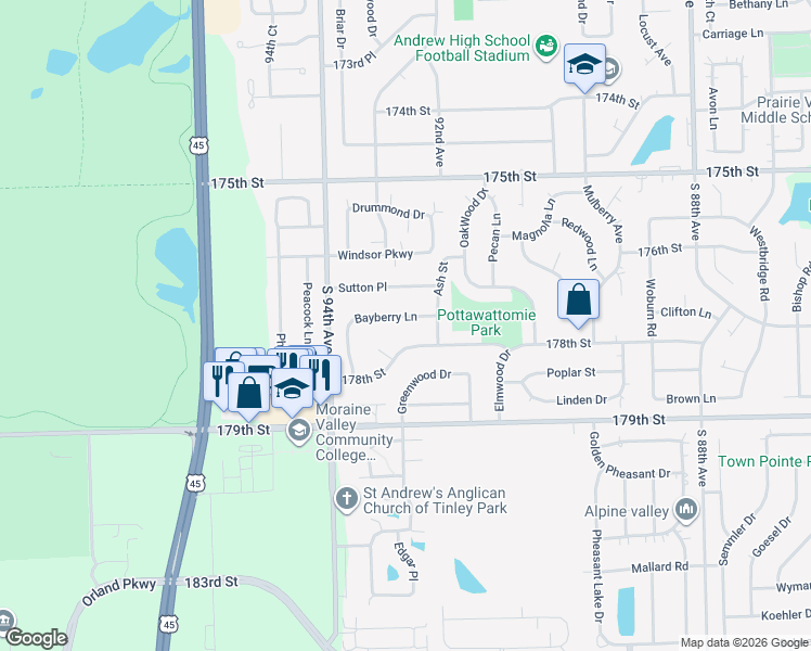 map of restaurants, bars, coffee shops, grocery stores, and more near 9221 Bayberry Lane in Tinley Park