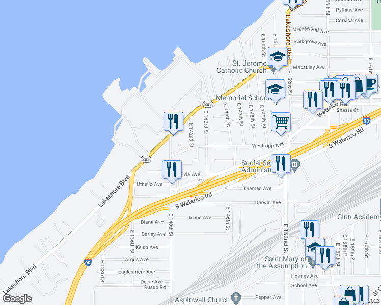 map of restaurants, bars, coffee shops, grocery stores, and more near 14122 Westropp Avenue in Cleveland