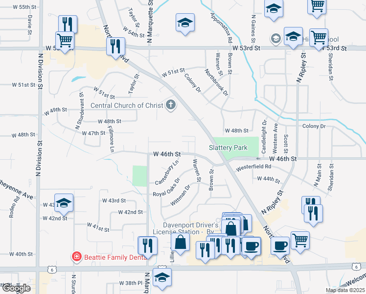 map of restaurants, bars, coffee shops, grocery stores, and more near 920 West 46th Street in Davenport