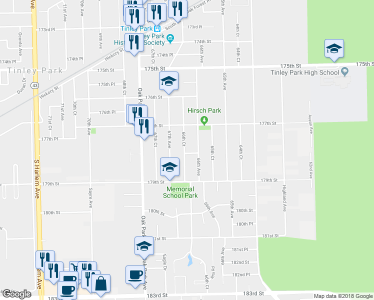 map of restaurants, bars, coffee shops, grocery stores, and more near 6620 178th Street in Tinley Park