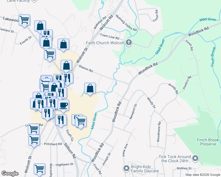 map of restaurants, bars, coffee shops, grocery stores, and more near 37 Sharon Road in Waterbury