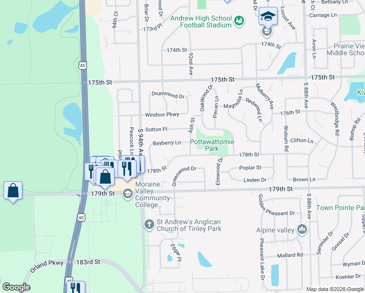 map of restaurants, bars, coffee shops, grocery stores, and more near 9221 Bayberry Lane in Tinley Park