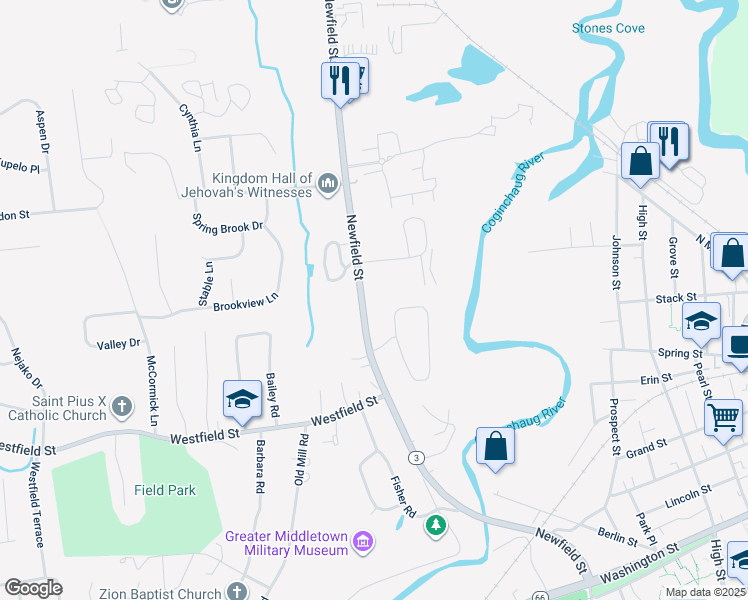 map of restaurants, bars, coffee shops, grocery stores, and more near 328 Newfield Street in Middletown