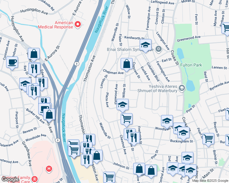 map of restaurants, bars, coffee shops, grocery stores, and more near 61 Elmwood Avenue in Waterbury