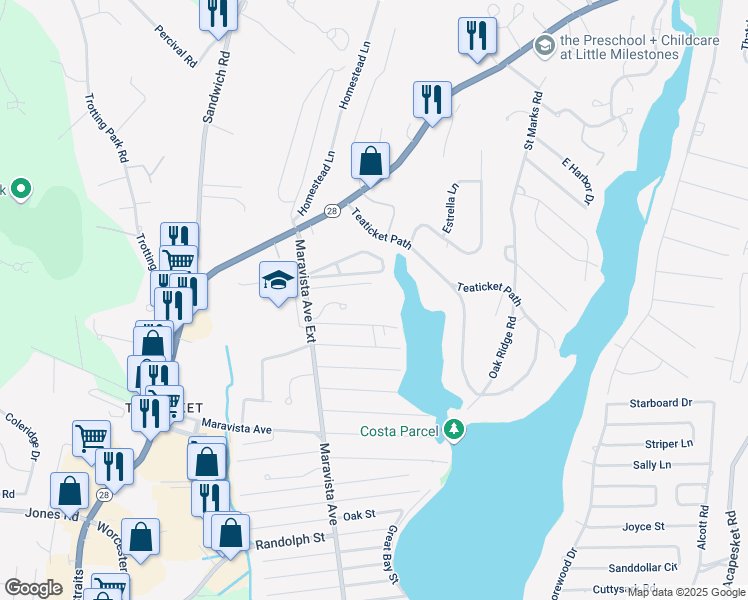 map of restaurants, bars, coffee shops, grocery stores, and more near 34 Maravista Avenue Extension in Falmouth