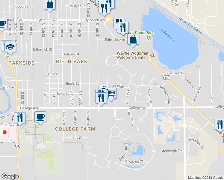 map of restaurants, bars, coffee shops, grocery stores, and more near 1408 Kentfield Way in Goshen