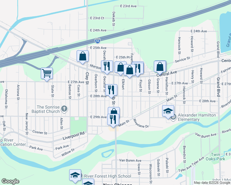 map of restaurants, bars, coffee shops, grocery stores, and more near 2765 Dekalb Street in Gary