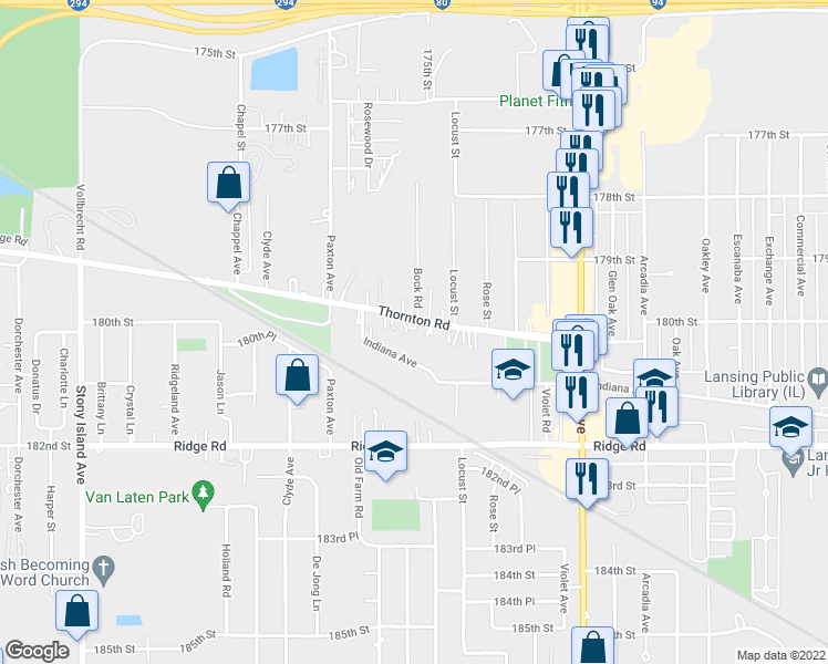 map of restaurants, bars, coffee shops, grocery stores, and more near 2019 Thornton Lansing Road in Lansing