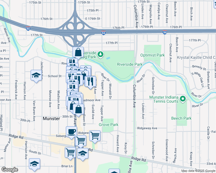 map of restaurants, bars, coffee shops, grocery stores, and more near 8012 Monaldi Dr in Munster