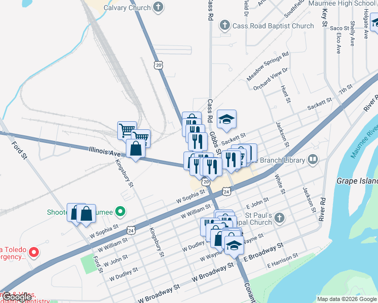 map of restaurants, bars, coffee shops, grocery stores, and more near 924 Conant St in Maumee