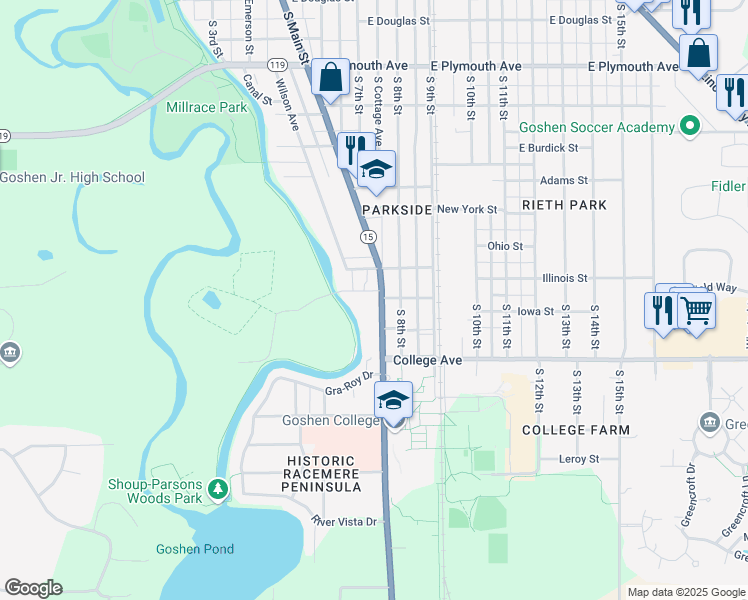 map of restaurants, bars, coffee shops, grocery stores, and more near 1601 South Main Street in Goshen