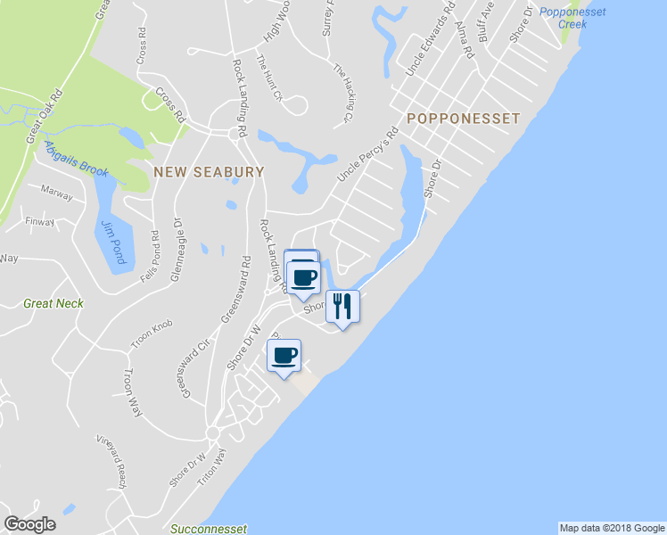 map of restaurants, bars, coffee shops, grocery stores, and more near 17 Uncatena Road in Mashpee