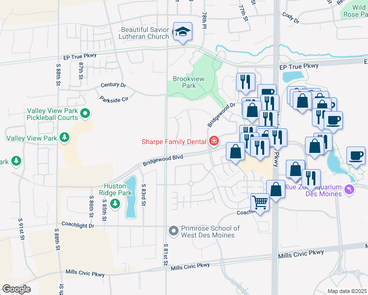 map of restaurants, bars, coffee shops, grocery stores, and more near 7916 Cottonwood Lane in West Des Moines