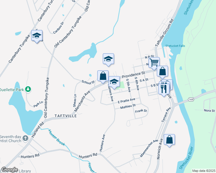 map of restaurants, bars, coffee shops, grocery stores, and more near 12 Hunters Avenue in Norwich