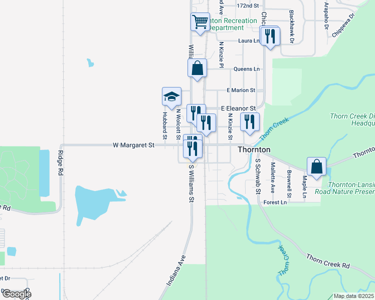 map of restaurants, bars, coffee shops, grocery stores, and more near 106 South Williams Street in Thornton