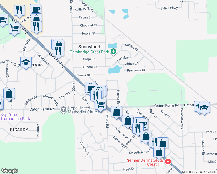 map of restaurants, bars, coffee shops, grocery stores, and more near 2320 Blossom Street in Joliet