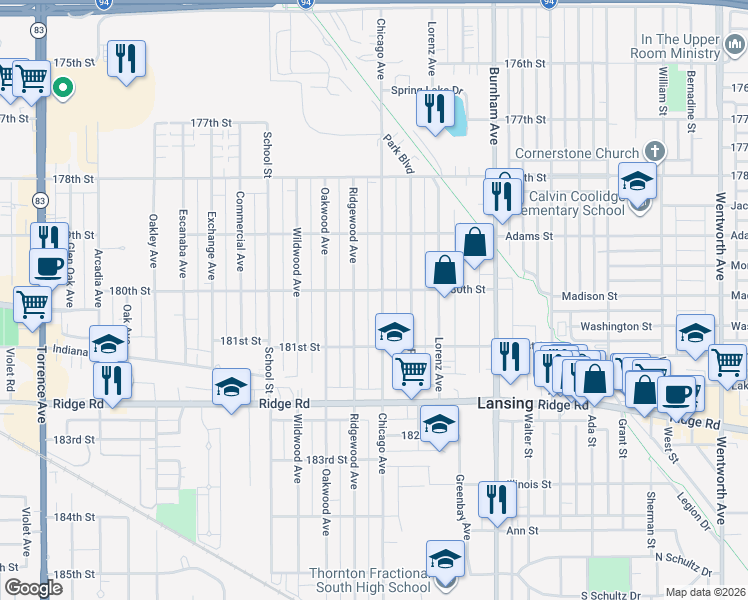 map of restaurants, bars, coffee shops, grocery stores, and more near 18006 Chicago Avenue in Lansing