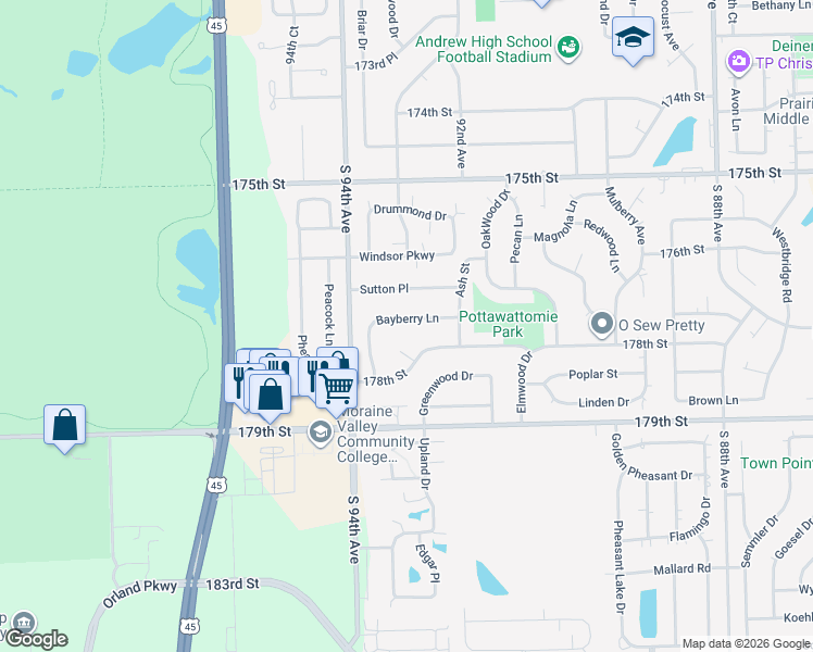 map of restaurants, bars, coffee shops, grocery stores, and more near 9303 Bayberry Lane in Tinley Park