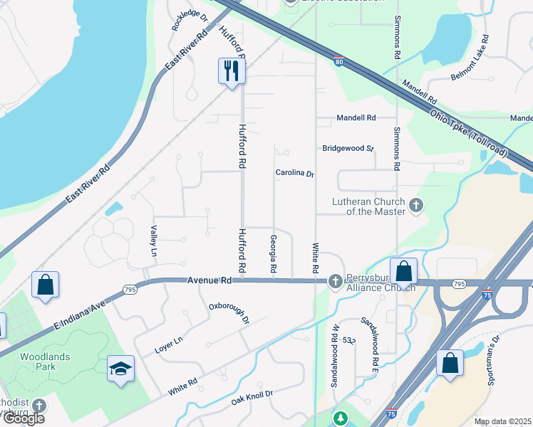 map of restaurants, bars, coffee shops, grocery stores, and more near 28851 Georgia Road in Perrysburg