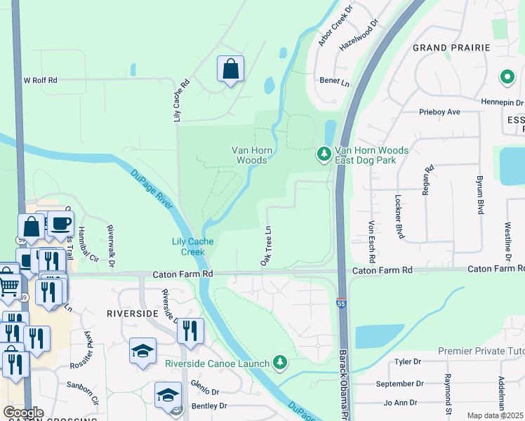 map of restaurants, bars, coffee shops, grocery stores, and more near 2531 Oak Tree Lane in Plainfield