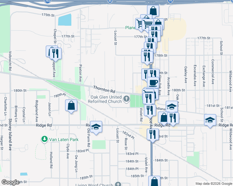 map of restaurants, bars, coffee shops, grocery stores, and more near 2171 Thornton Lansing Road in Lansing