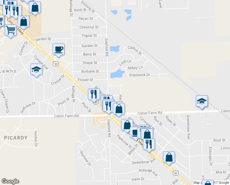 map of restaurants, bars, coffee shops, grocery stores, and more near 2320 Blossom Street in Joliet