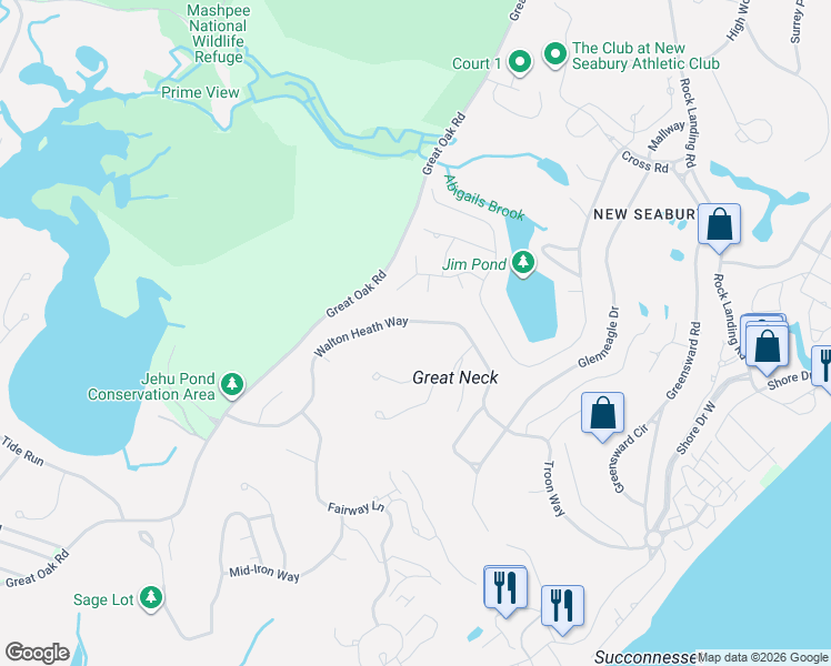 map of restaurants, bars, coffee shops, grocery stores, and more near 119 Walton Heath Way in Mashpee