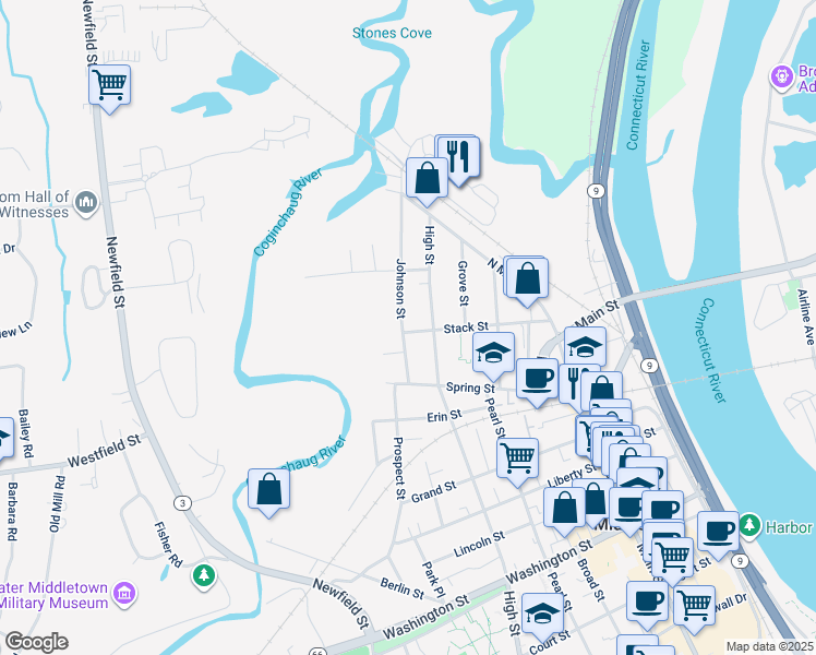 map of restaurants, bars, coffee shops, grocery stores, and more near 46 Johnson Street in Middletown