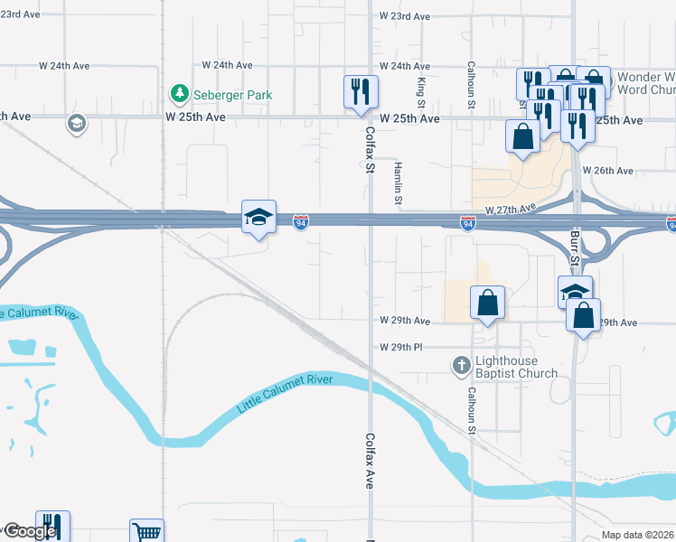 map of restaurants, bars, coffee shops, grocery stores, and more near 2821 Stevenson Street in Gary