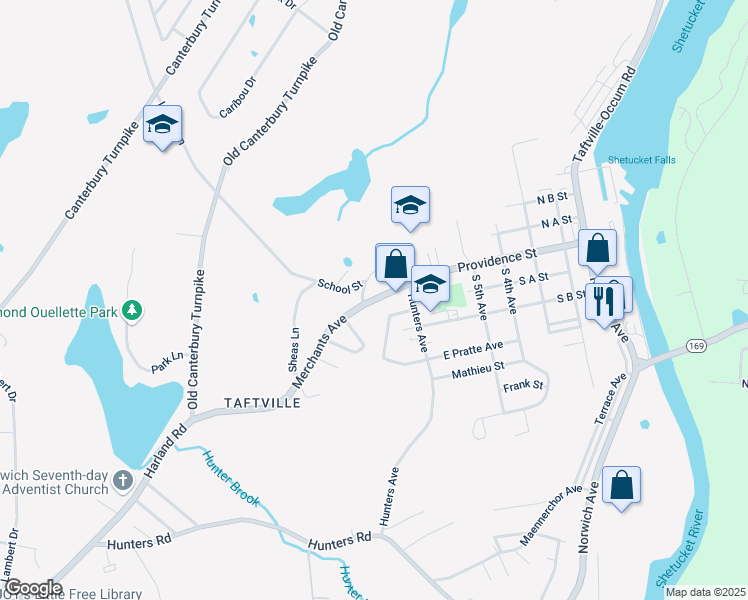 map of restaurants, bars, coffee shops, grocery stores, and more near 35 Merchants Avenue in Norwich