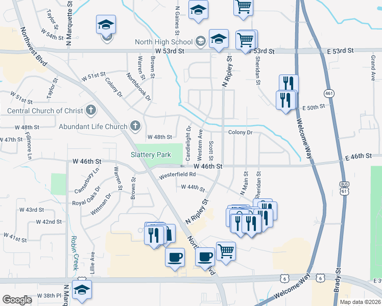 map of restaurants, bars, coffee shops, grocery stores, and more near 4625 Candlelight Drive in Davenport