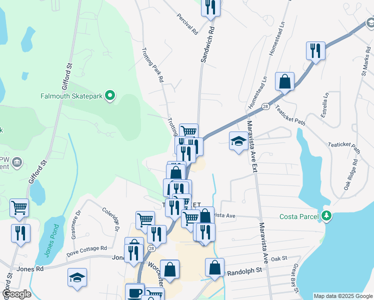 map of restaurants, bars, coffee shops, grocery stores, and more near 16 Trotting Park Road in Falmouth