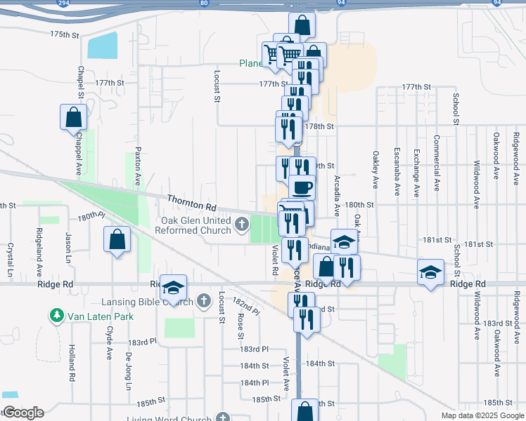 map of restaurants, bars, coffee shops, grocery stores, and more near 2306 Thornton Lansing Road in Lansing