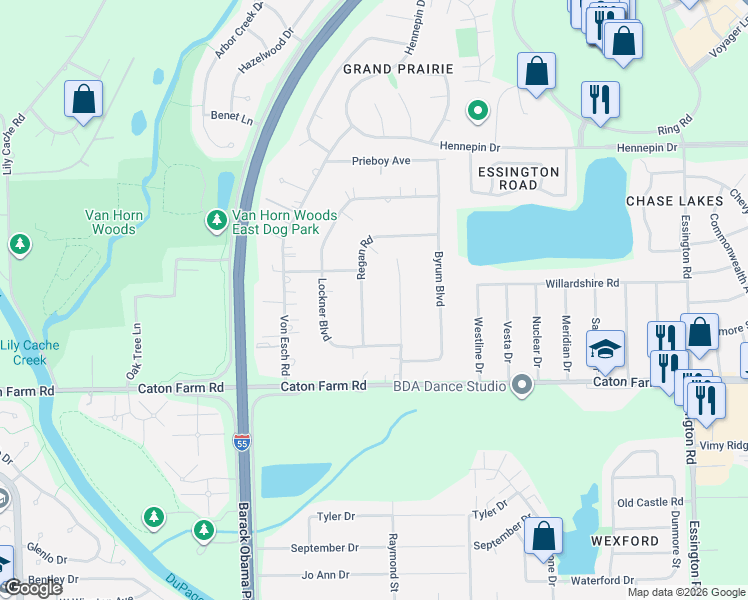 map of restaurants, bars, coffee shops, grocery stores, and more near 2421 Regan Road in Joliet