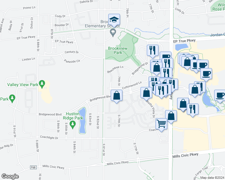 map of restaurants, bars, coffee shops, grocery stores, and more near 7916 Cottonwood Lane in West Des Moines