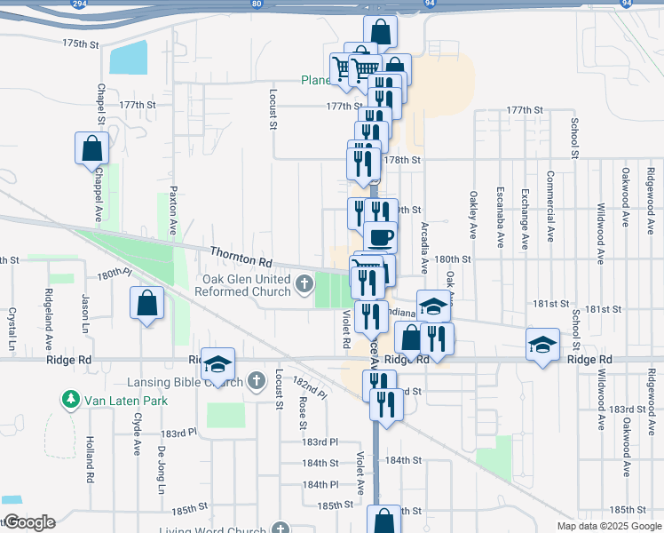 map of restaurants, bars, coffee shops, grocery stores, and more near 2306 Thornton Lansing Road in Lansing